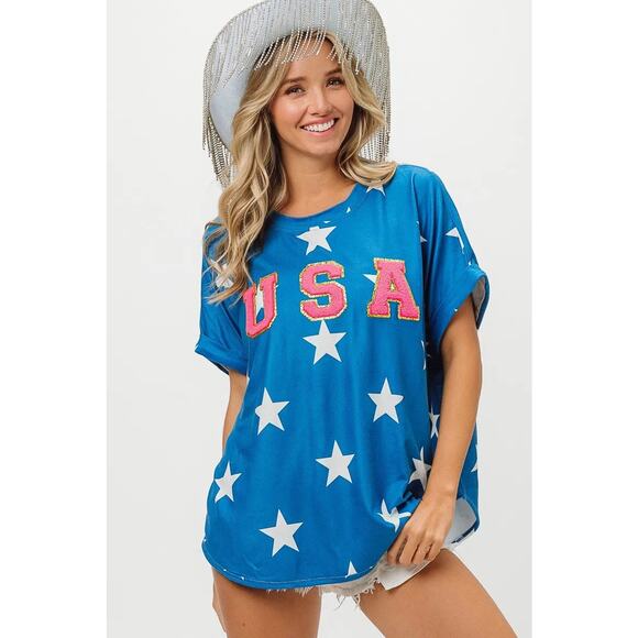 BiBi Fourth Of July Star Print with USA Patch Short Sleeves Knit T-Shirt | Blue - Picture 5 of 6